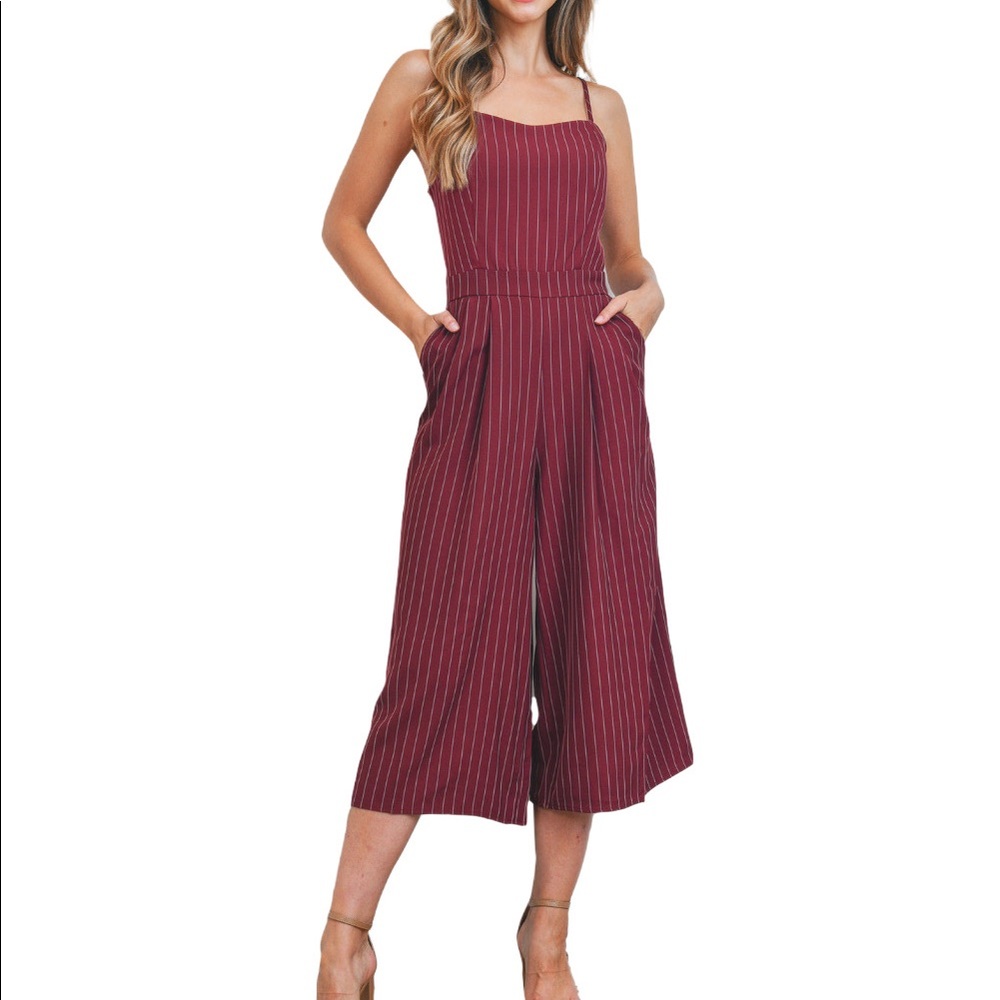 Burgundy Pinstripe Jumpsuit - Picture 3 of 5